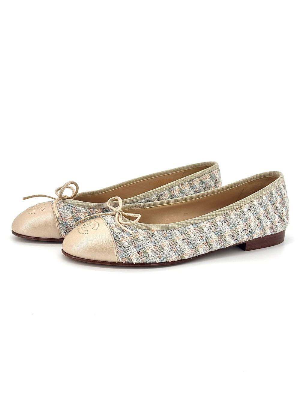 Chanel Tweed Cap Toe Bow CC Logo Ballerina Flats 36.5